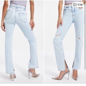 Good American Good Boy High Rise Straight Leg Jean Light Wash Slit Hem size 6/28